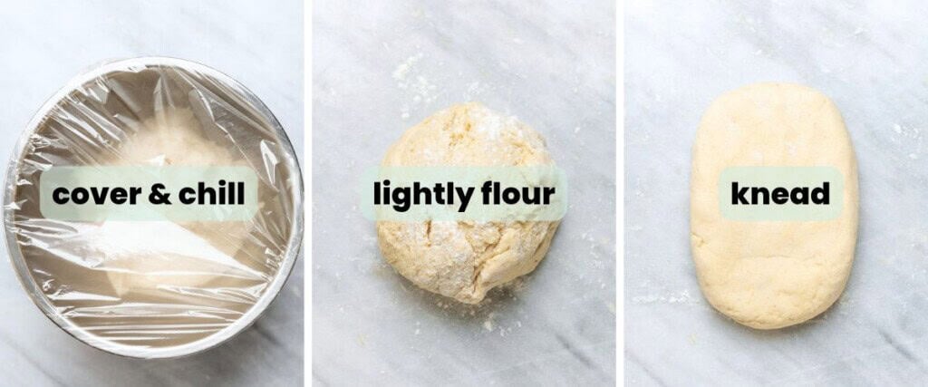 Three images in a collage demonstrating how to handle GF cinnamon roll dough after mixing: cover in a bowl & chill then lightly flour and knead until smooth.