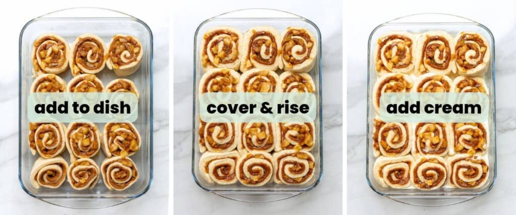 Three images of a 9x13 inch baking dish full of unbaked GF apple pie cinnamon rolls: pre-rise/proofing, after proofing, after proofing with cream added to the baking dish.