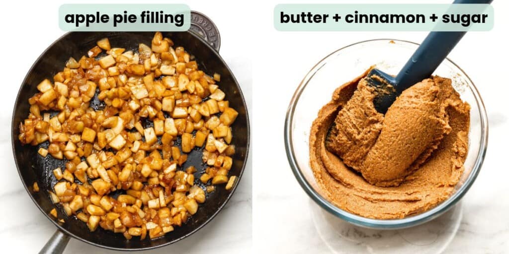 Two images of the cinnamon roll fillings: an apple pie filling made in a cast iron pan and a mixing bowl full of a thick, butter + cinnamon + sugar mixture.