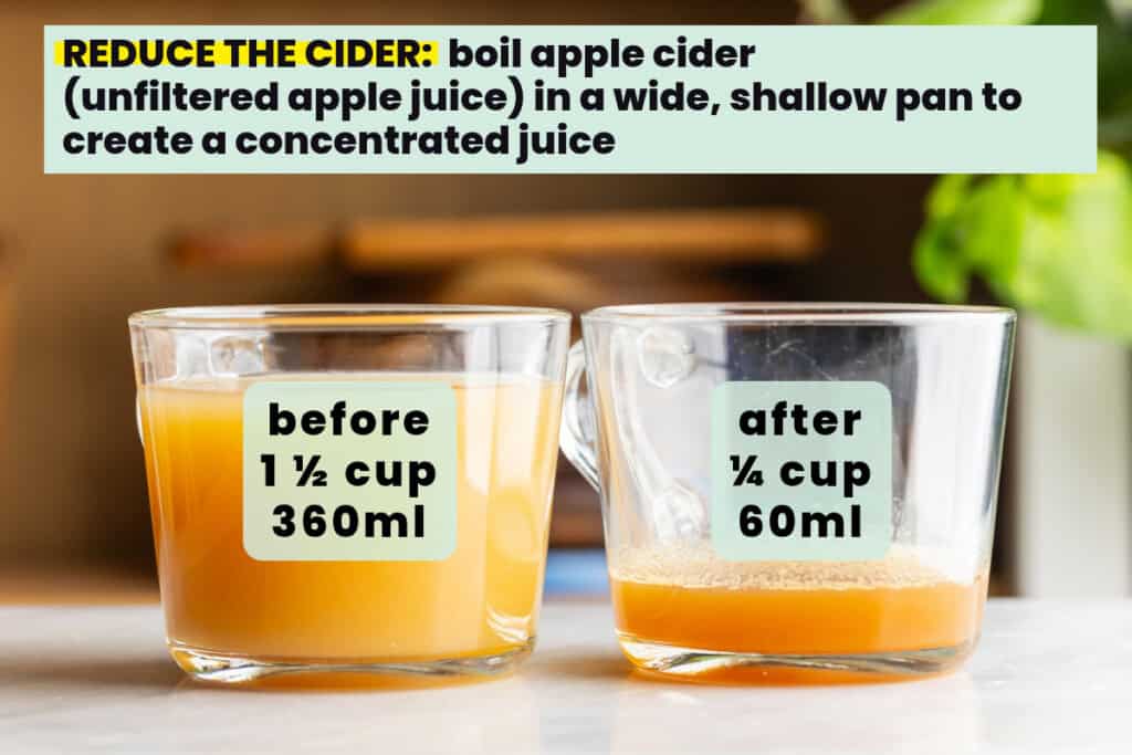 Two mugs showing the volume of apple cider before boiling (1 1/2 cup | 360ml) and after boiling (1/4 cup | 60ml). Text reads: REDUCE THE CIDER: boil apple cider (unfiltered apple juice) in a wide, shallow pan to create a concentrated juice